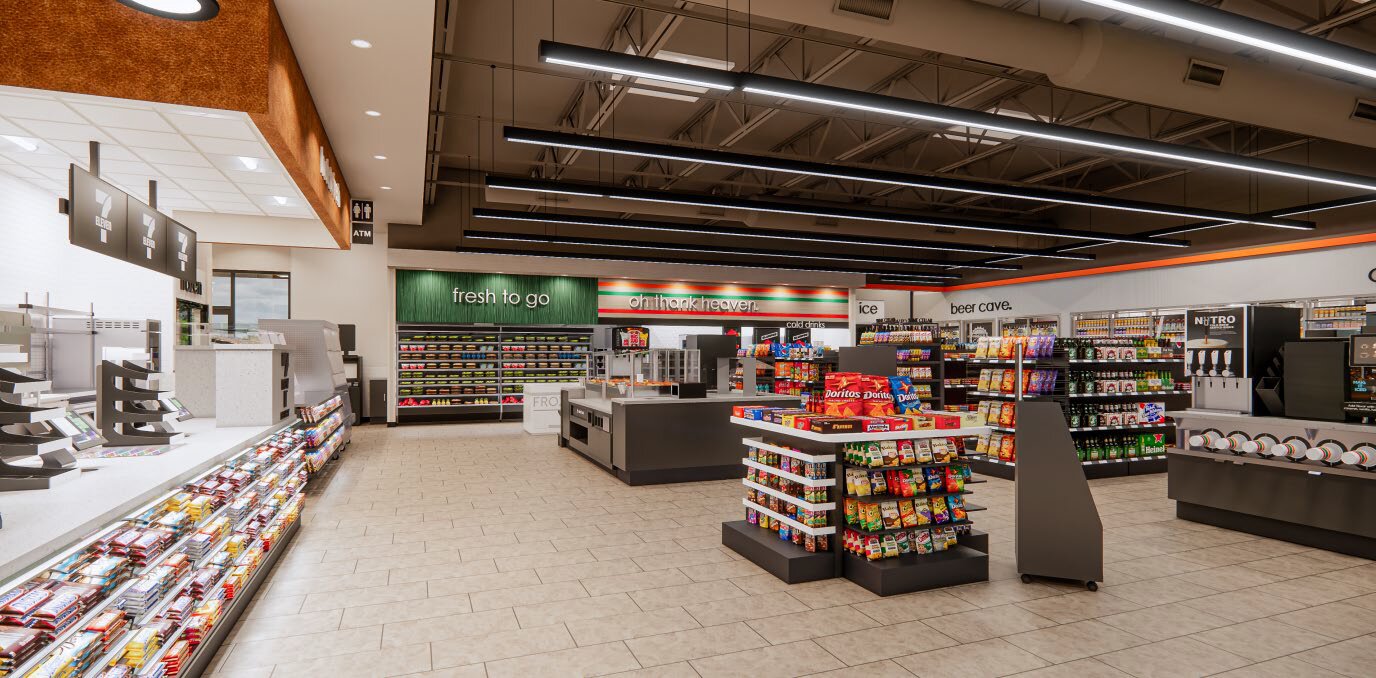 Remodeled 7-Eleven store interior featuring fresh-to-go wall, oh thank heaven header, cold drinks and beer cave with integrated black ceiling grid lighting
