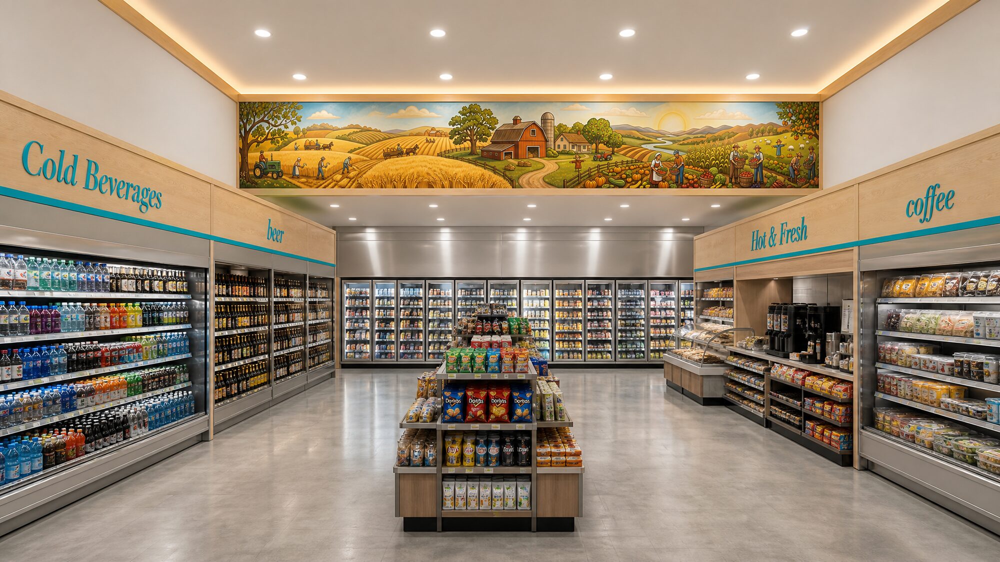 7-Eleven store interior with a large custom painted farm-landscape mural spanning the back wall above cold beverage, beer, hot and fresh, and coffee zones